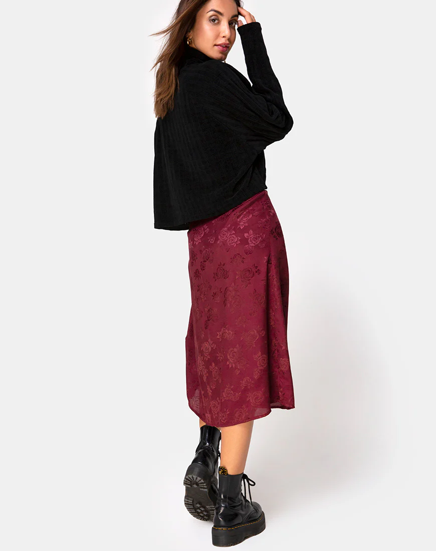Saika Midi Skirt in Satin Rose Burgundy - Awmao