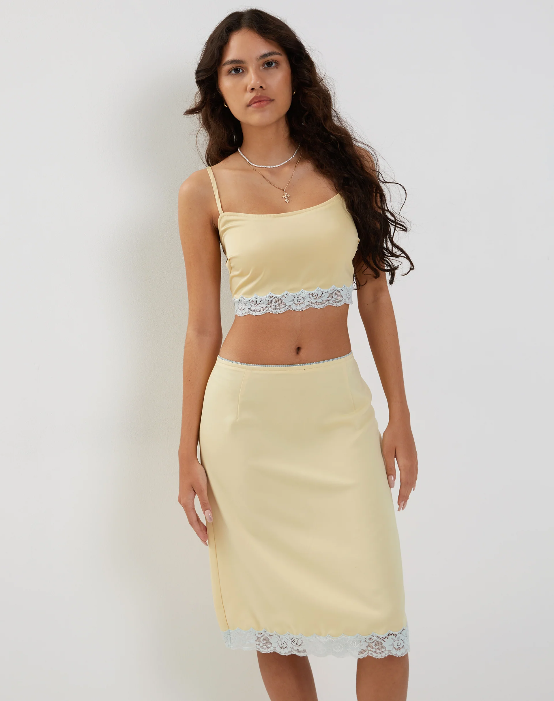 Resika Low Rise Midi Skirt in Satin Pale Yellow - Awmao