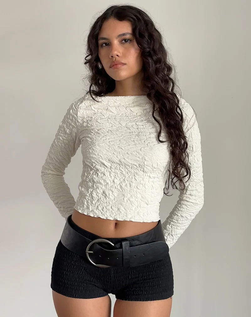 Angela Textured Long Sleeve Top in Jersey Cream - Awmao