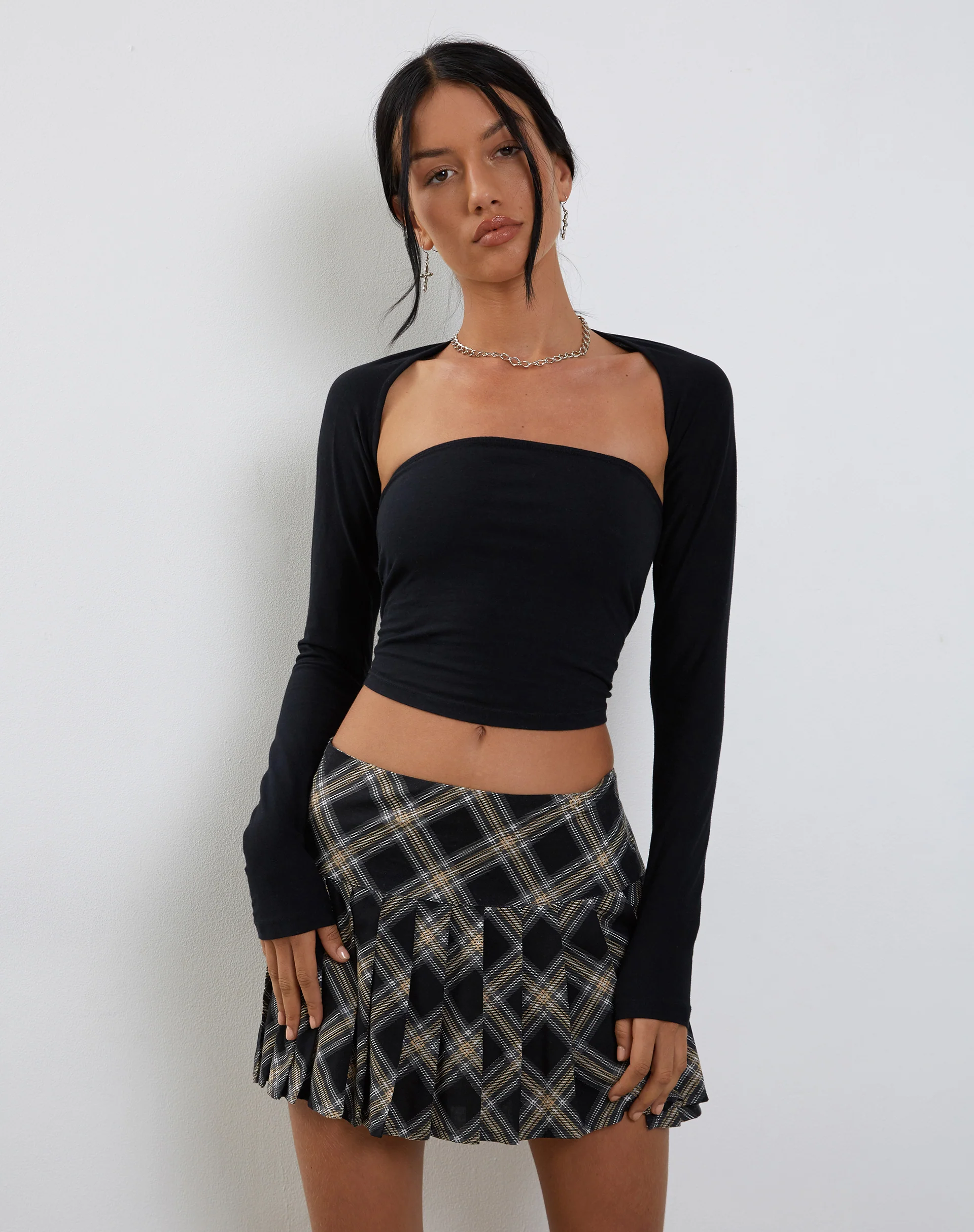 Casini Pleated Micro Skirt in Black and Grey Check - Awmao