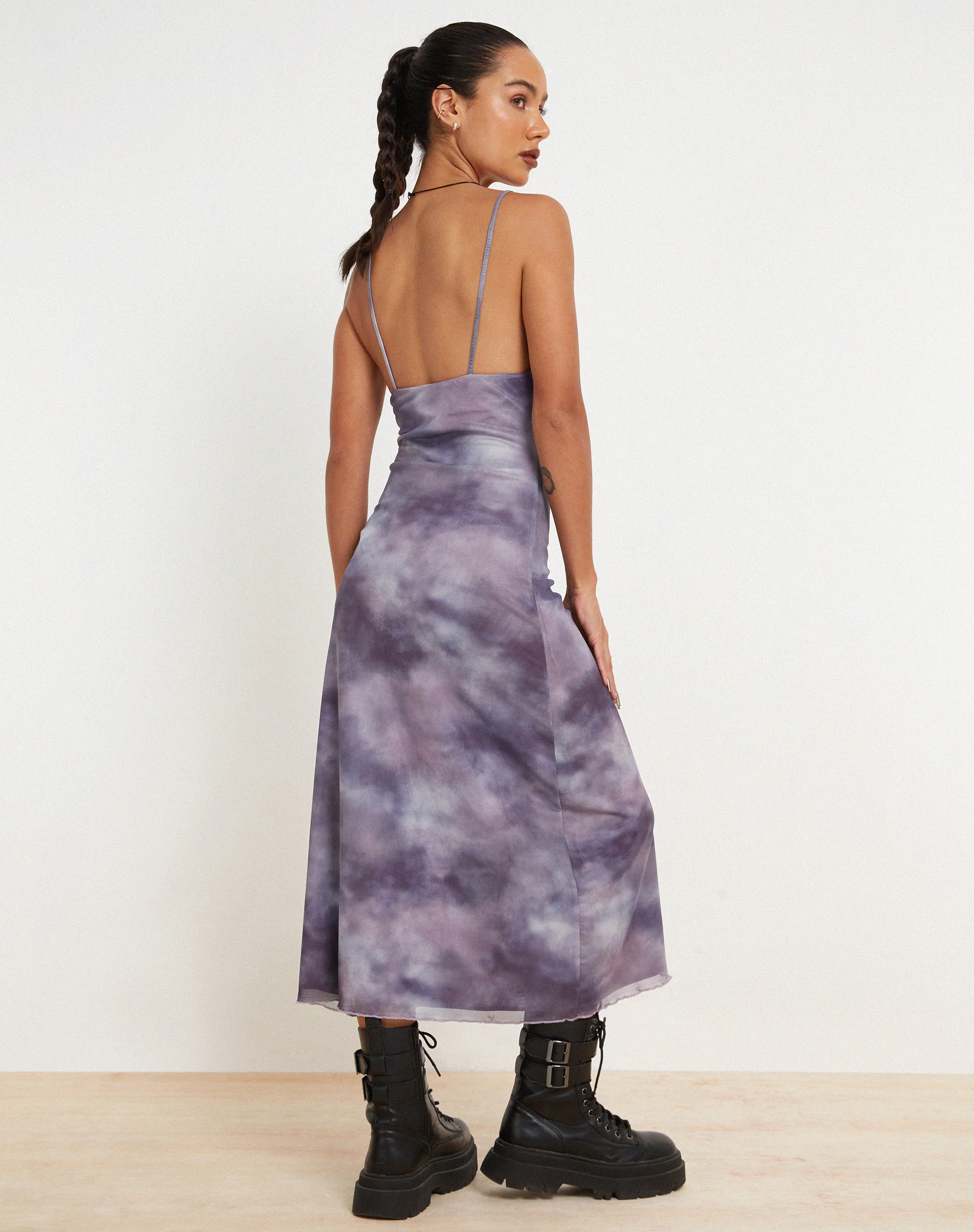 Norishi Printed Mesh Midi Dress in Smokey Gradients Purple - Awmao