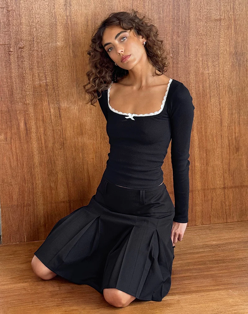 Bovita Long Sleeve Top in Black with Off White Trim - Awmao