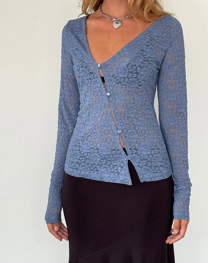 Zatin Asymmetrical Cardigan in Moonlight Blue Lace - Awmao
