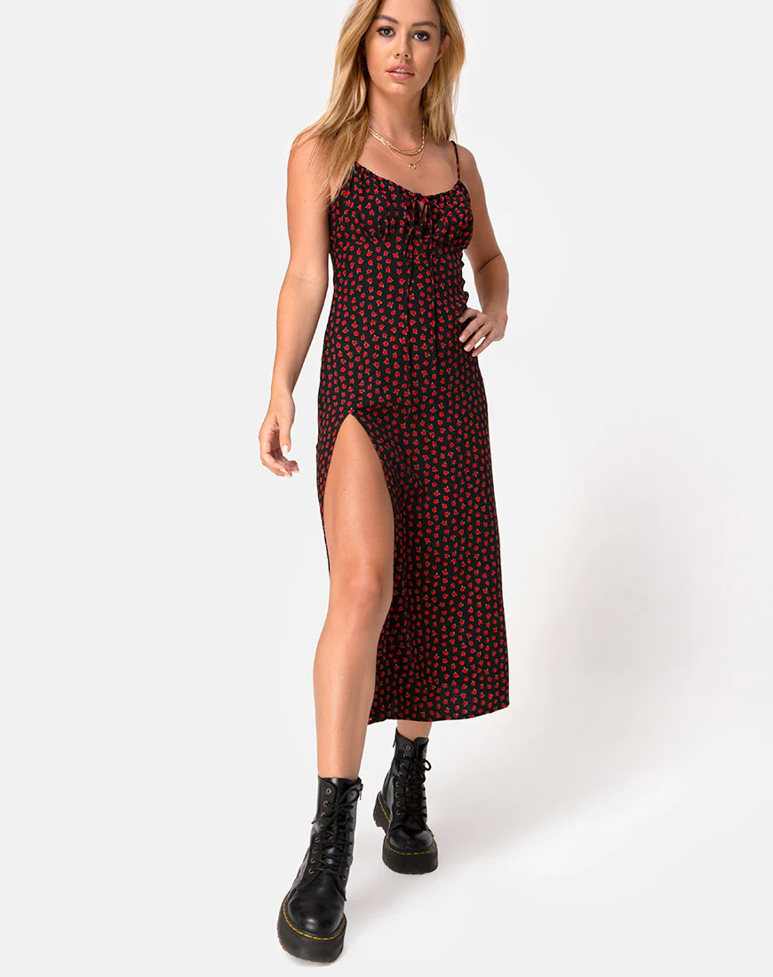Cypress Midi Dress in Dotty Rose Red - Awmao