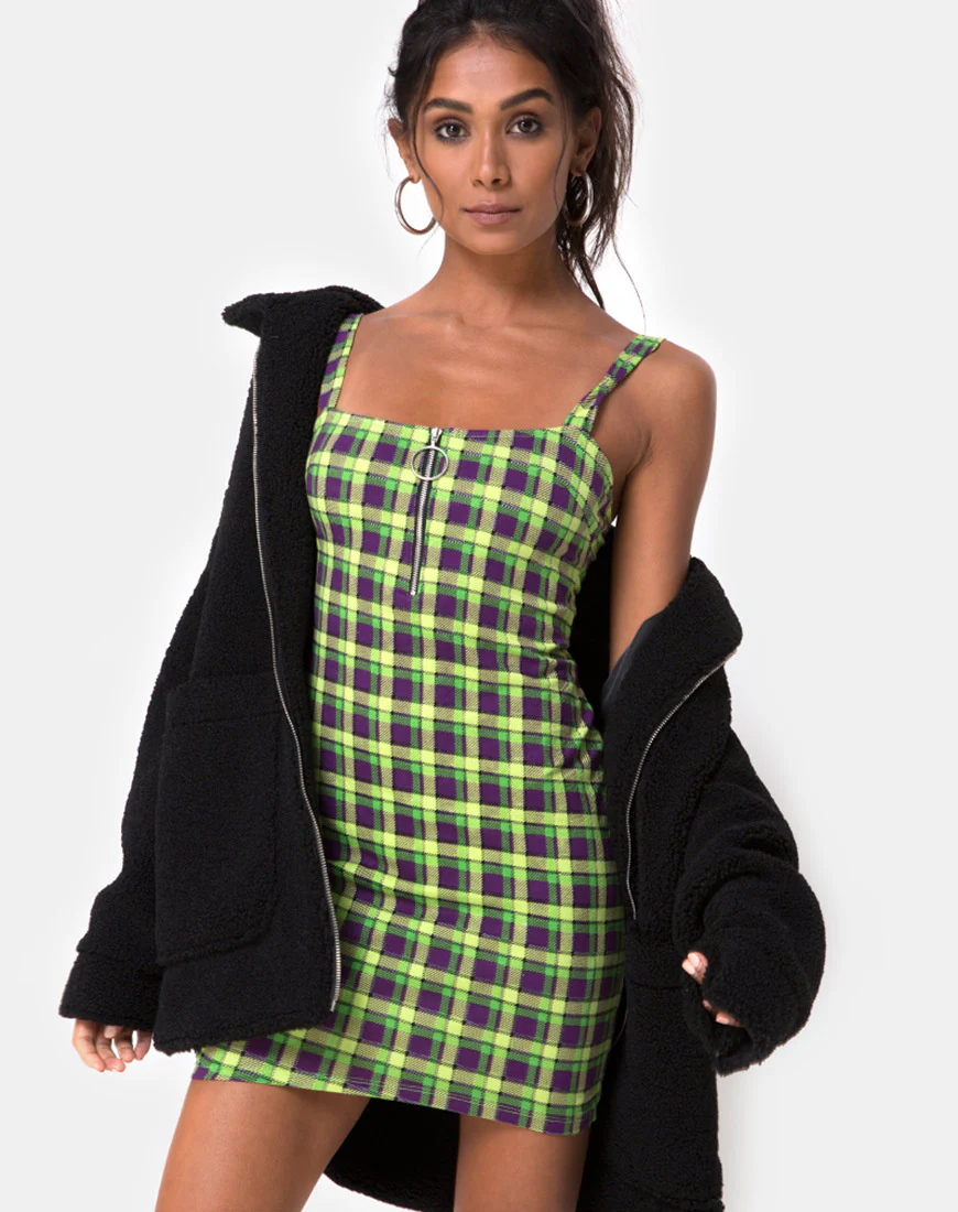 Farzi Bodycon Dress in Green and Purple Check - Awmao