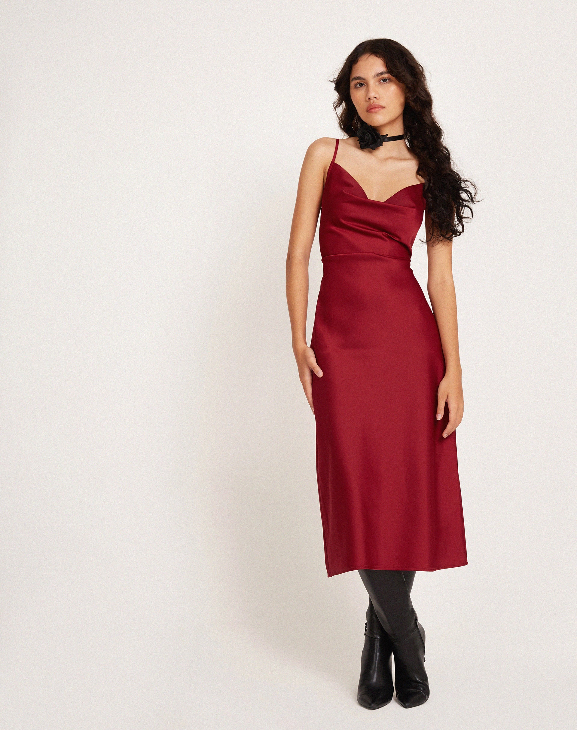Palasha Midi Dress in Satin Red - Awmao