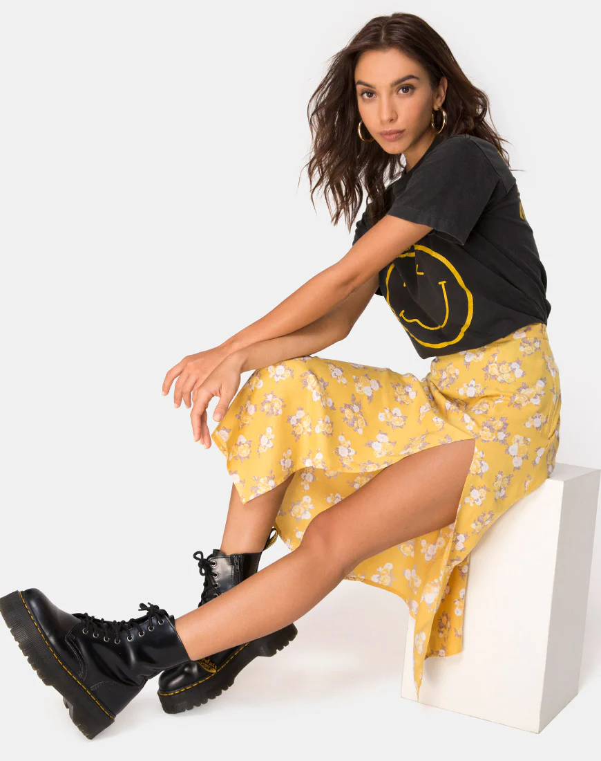 Saika Midi Skirt in Rose Bunch Yellow - Awmao