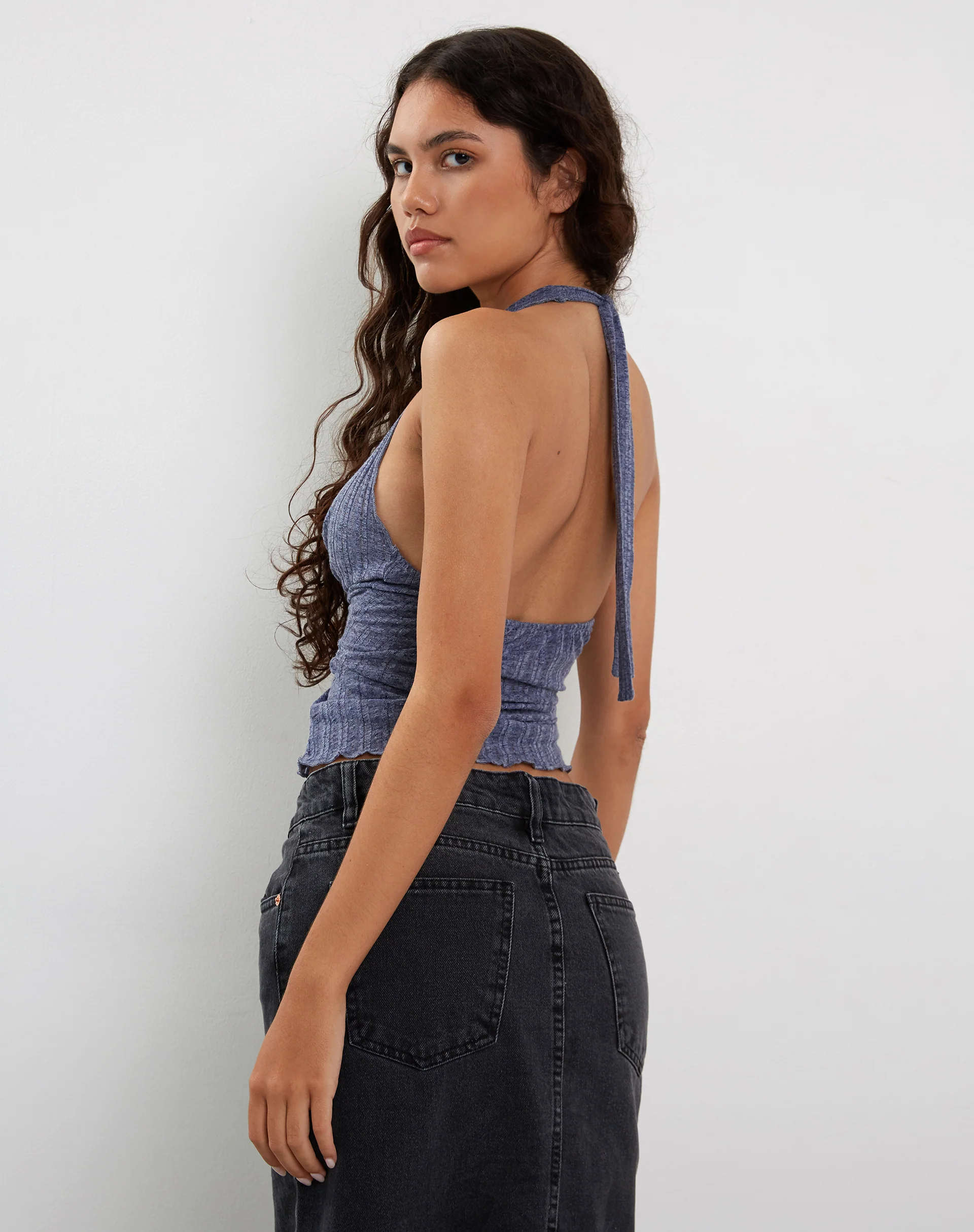 Enzley Knitted Halterneck Top in Navy - Awmao