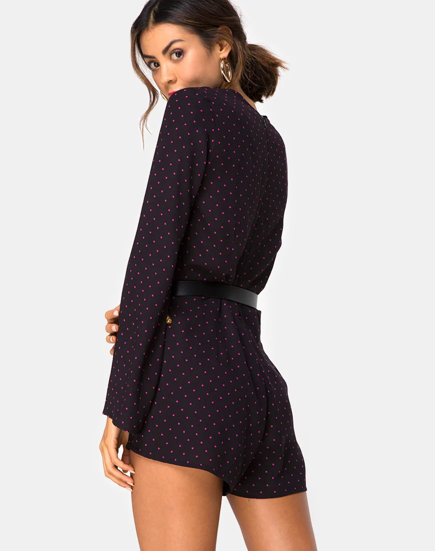 Romeo Longsleeve Playsuit in Cuban Dot Red - Awmao