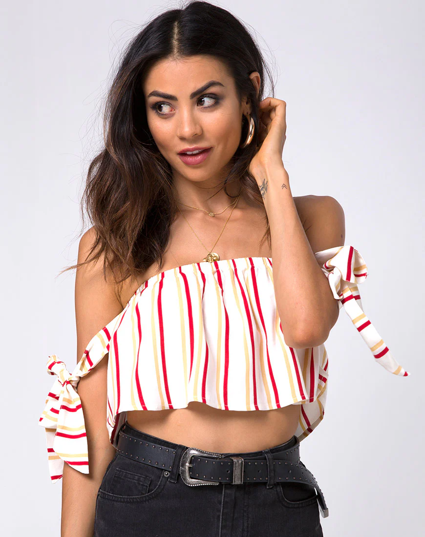 Kroes Crop Top in 70's Ivory Vertical Stripe - Awmao