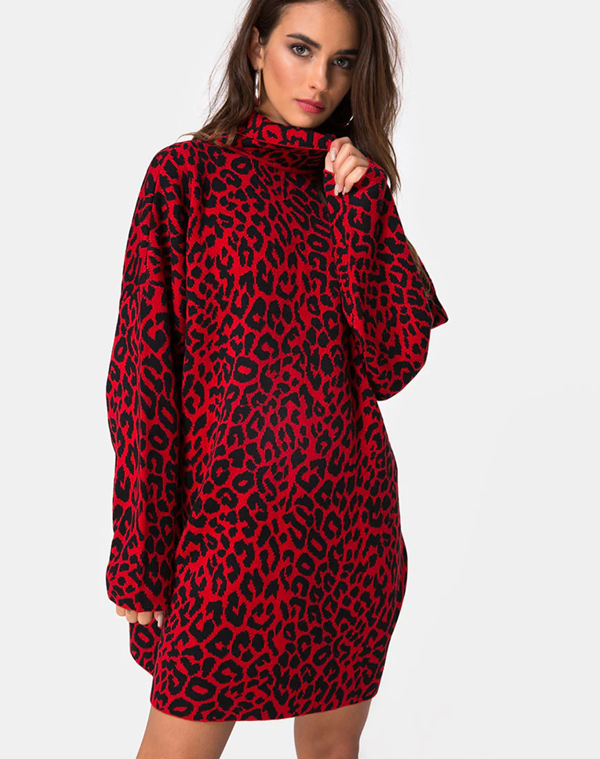 Neivie Jumper Dress in Animal Knit Red - Awmao