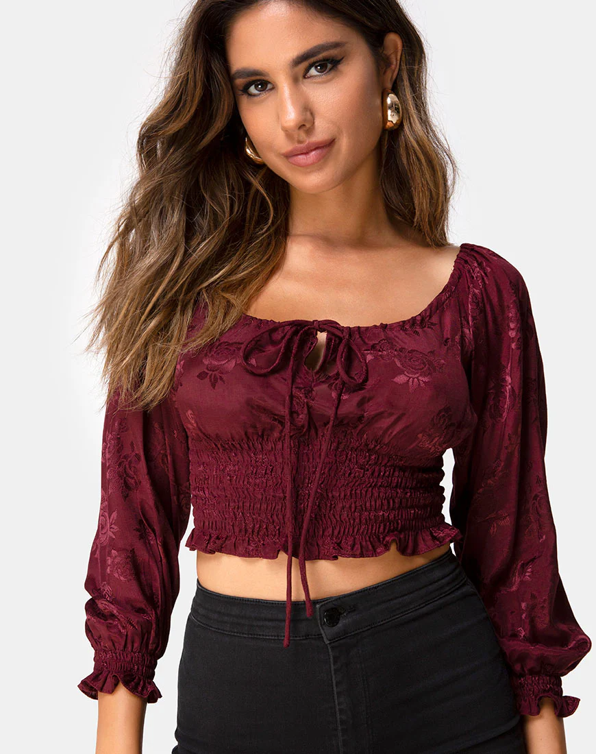 Lancer Crop Top in Satin Rose Burgundy - Awmao