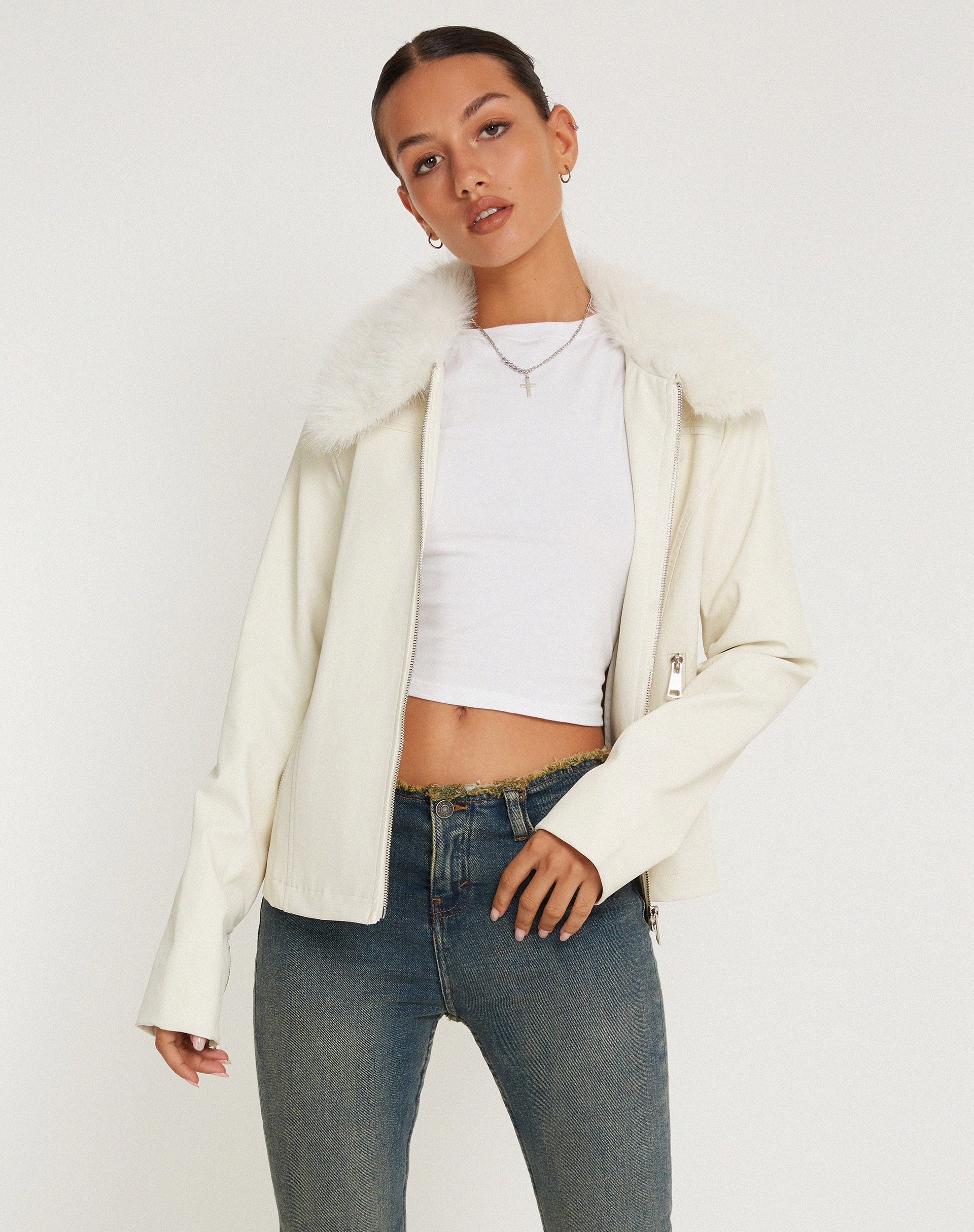 Yindo Zip Up Jacket in PU White - Awmao
