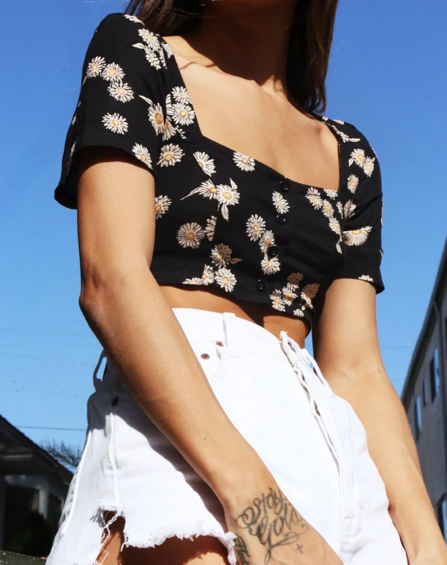 Cavazza Crop Top in Grunge Daisy Floral - Awmao