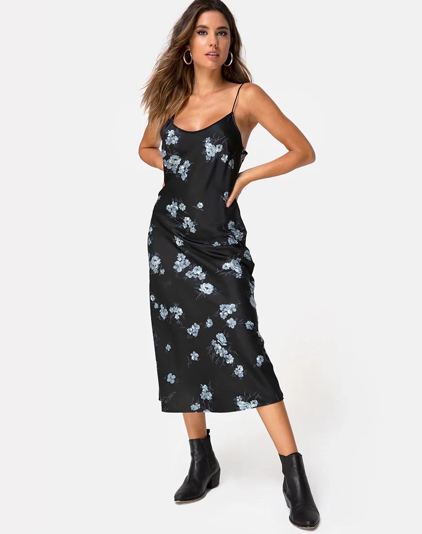 Julia Maxi Dress in Mono Flower Black Satin - Awmao