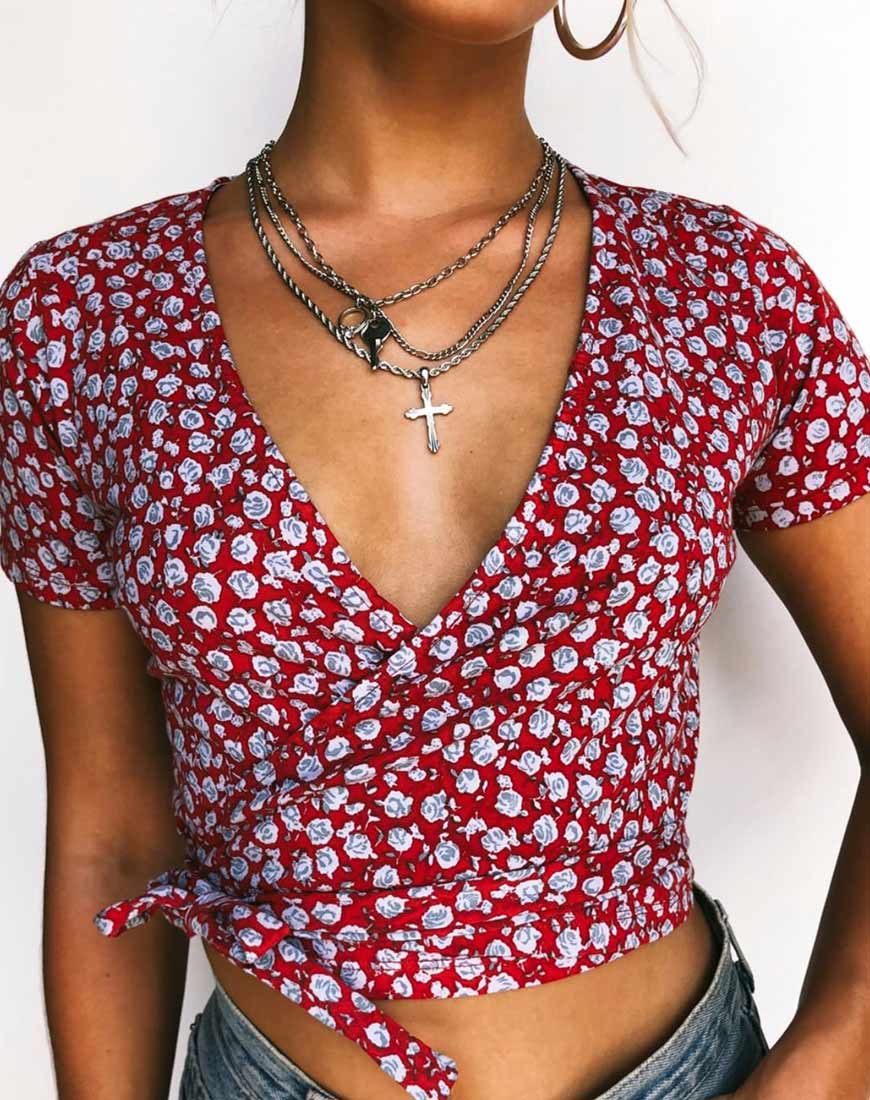 Bilen Top in Ditsy Rose Red and Silver - Awmao