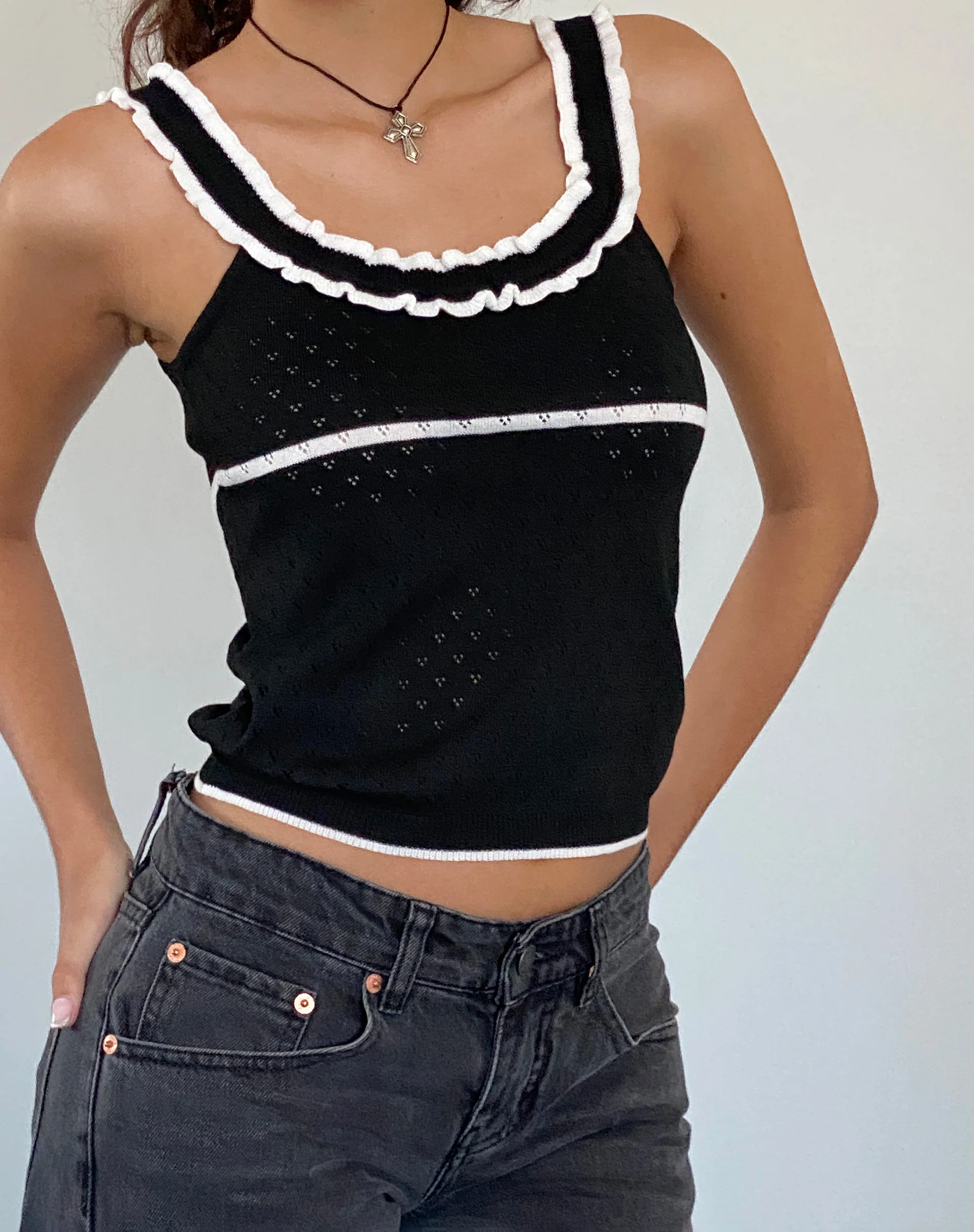 Darcie Pointelle Top in Black with White Tipping - Awmao