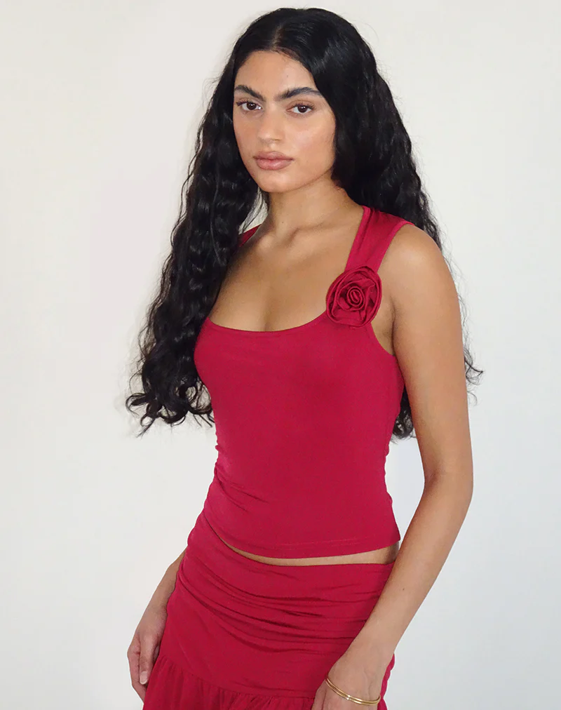 Charley Rosette Top in Lycra Slinky Red - Awmao