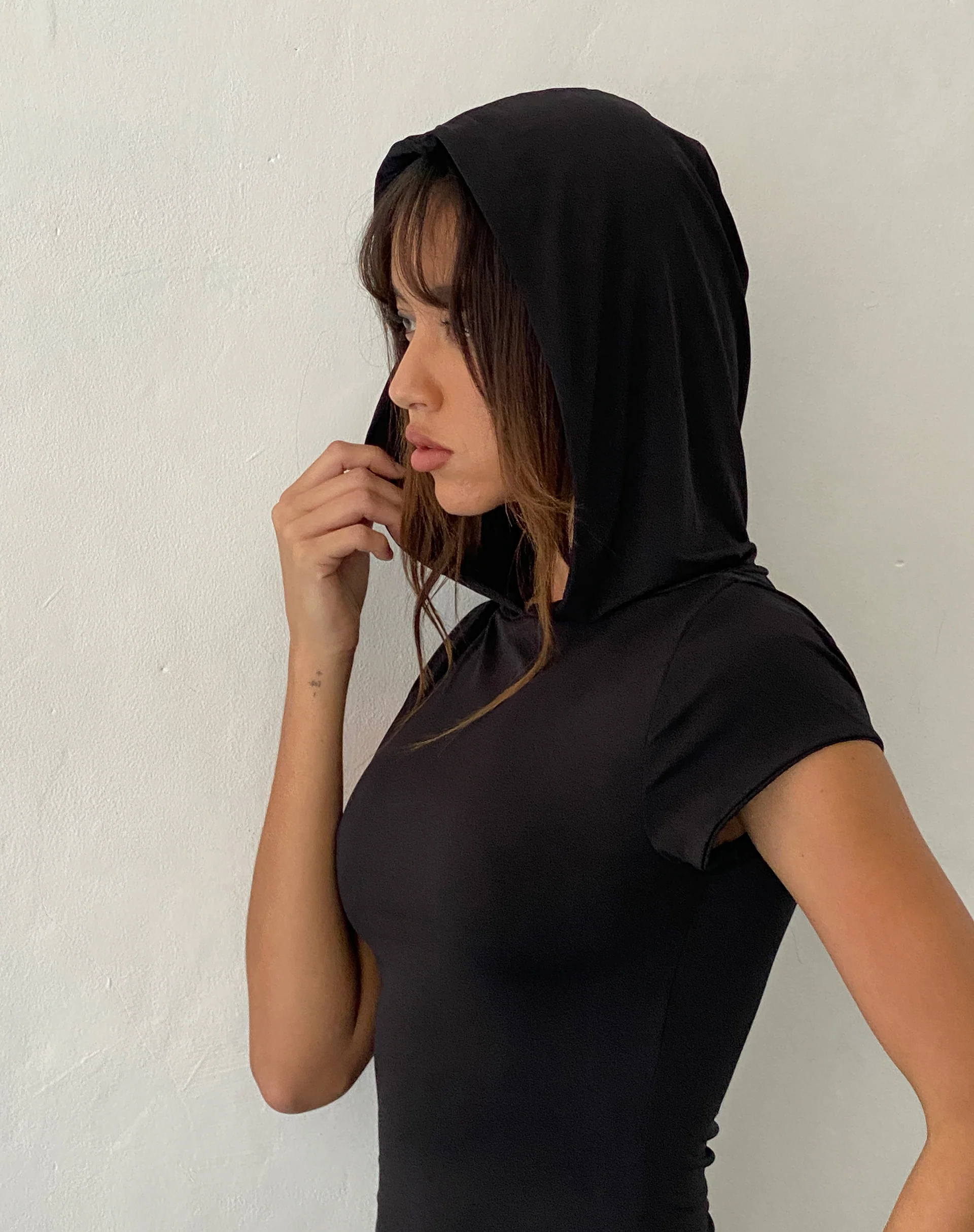 Dixie Hooded Maxi Dress in Slinky Black - Awmao