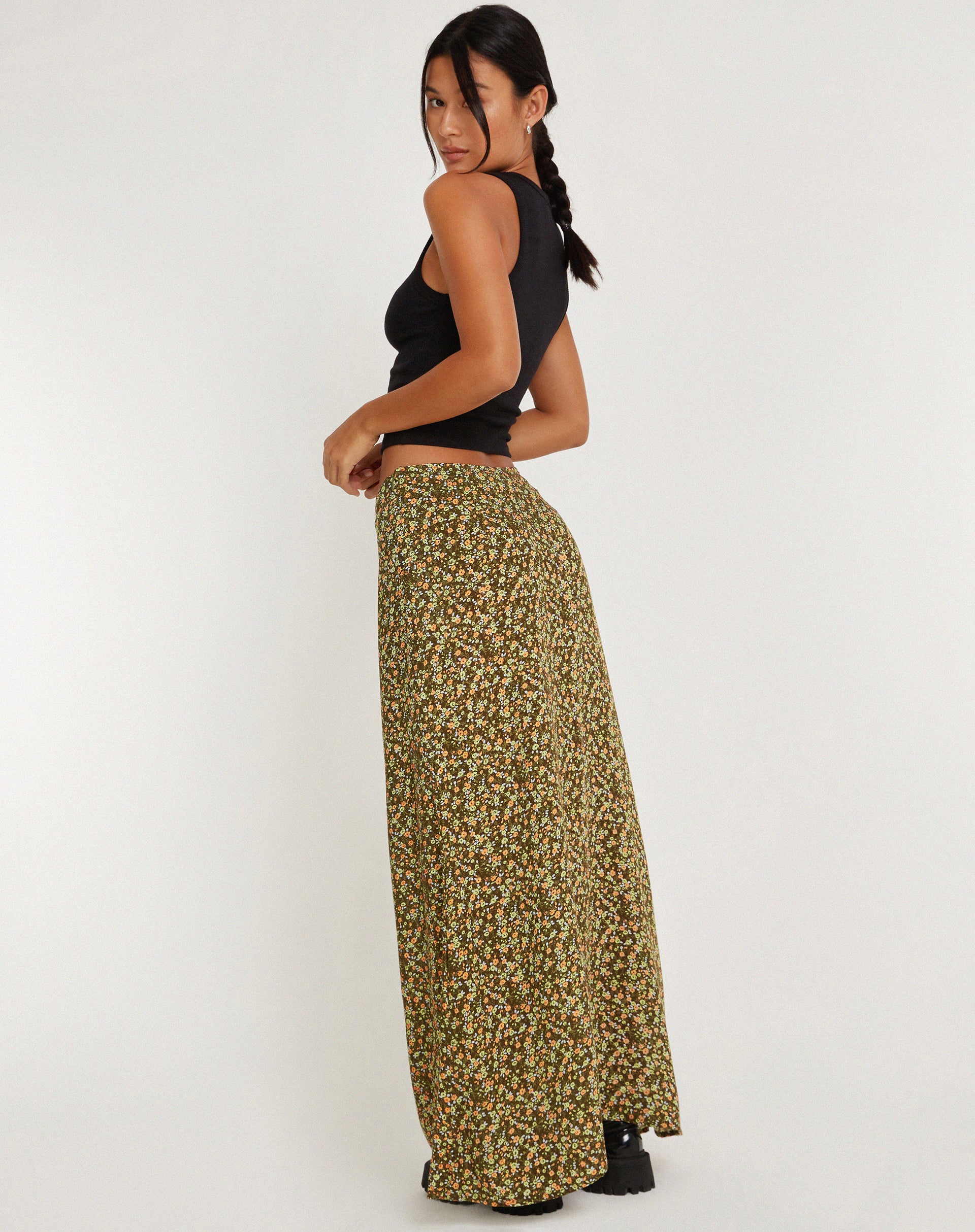 Sayan Maxi Skirt in Grungey Floral Khaki - Awmao