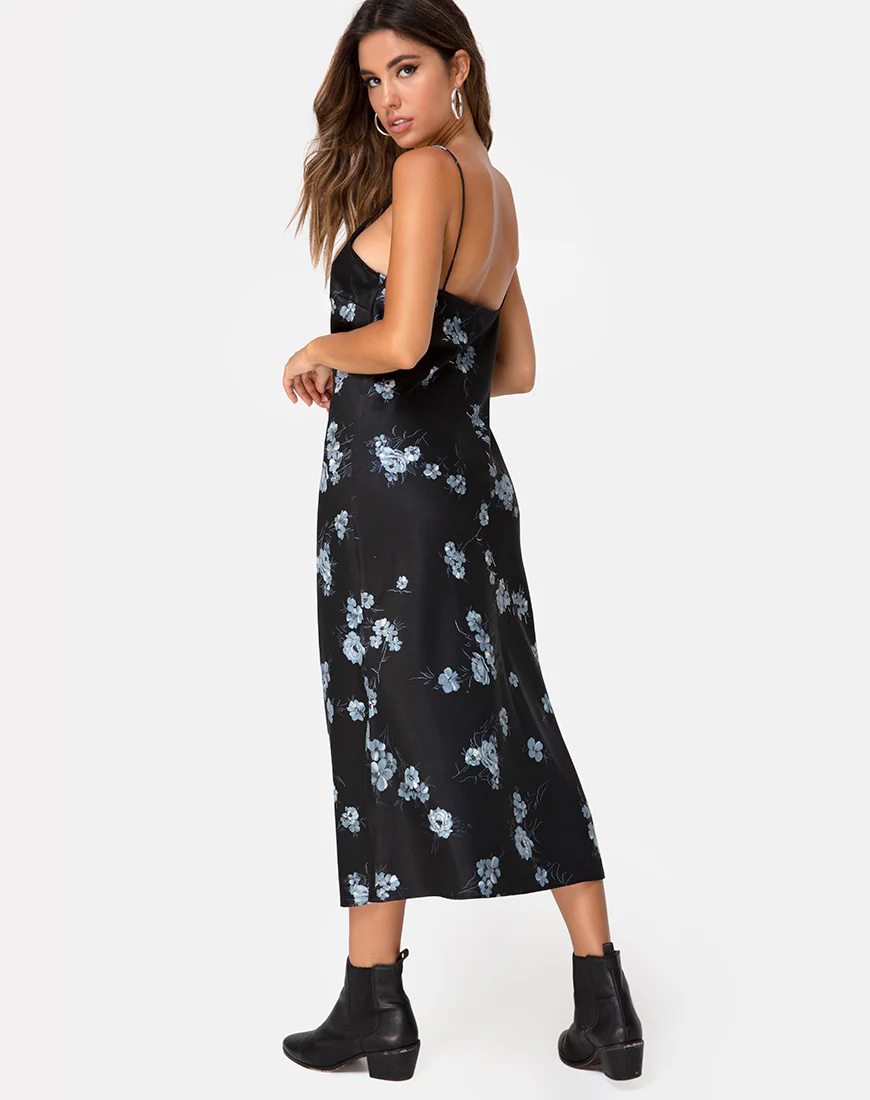 Julia Maxi Dress in Mono Flower Black Satin - Awmao