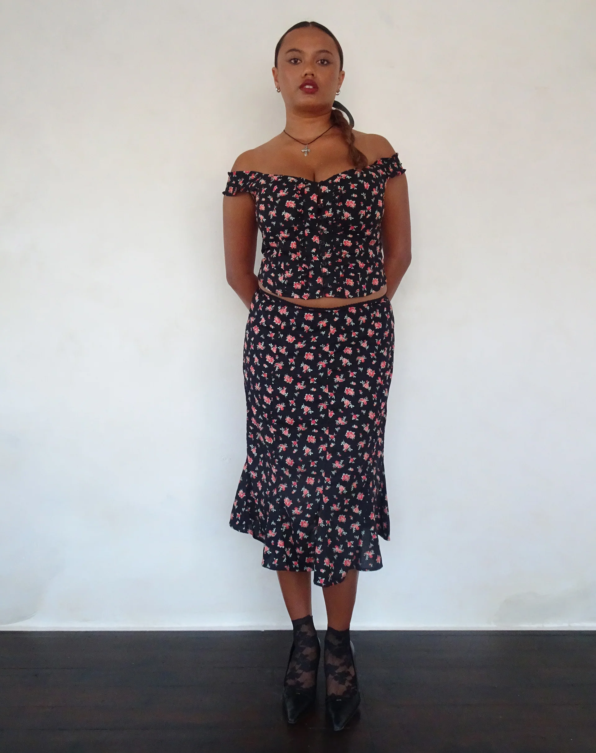 Uhuy Bardot Crop Top in Flowing Rose Black - Awmao