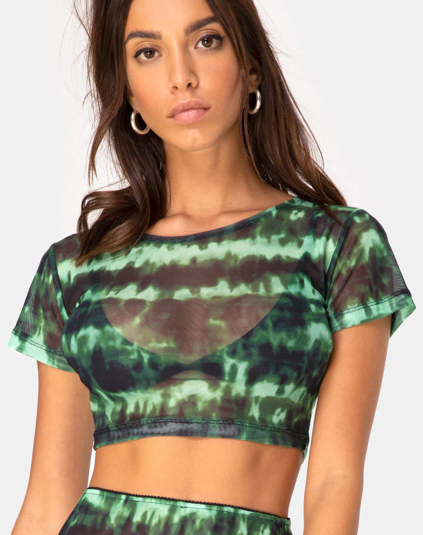 Tindy Crop Top in Tie Dye Turquoise Mesh - Awmao