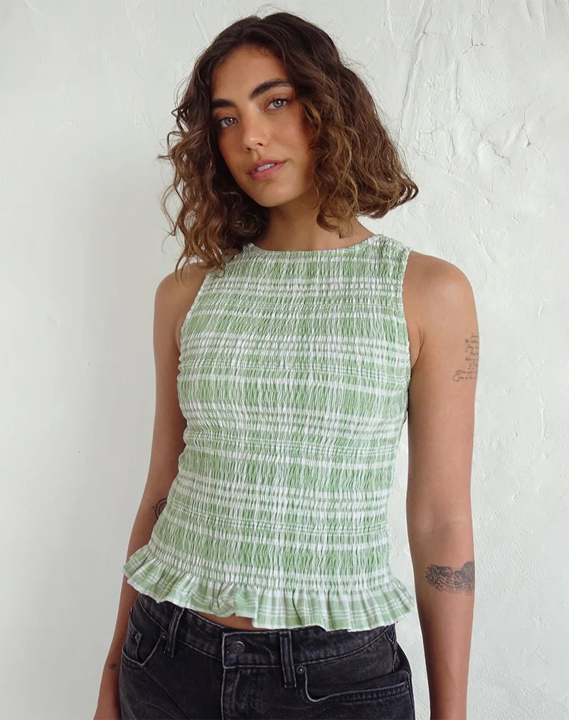 Birita Shirred Top in Table Cloth Neo Mint - Awmao