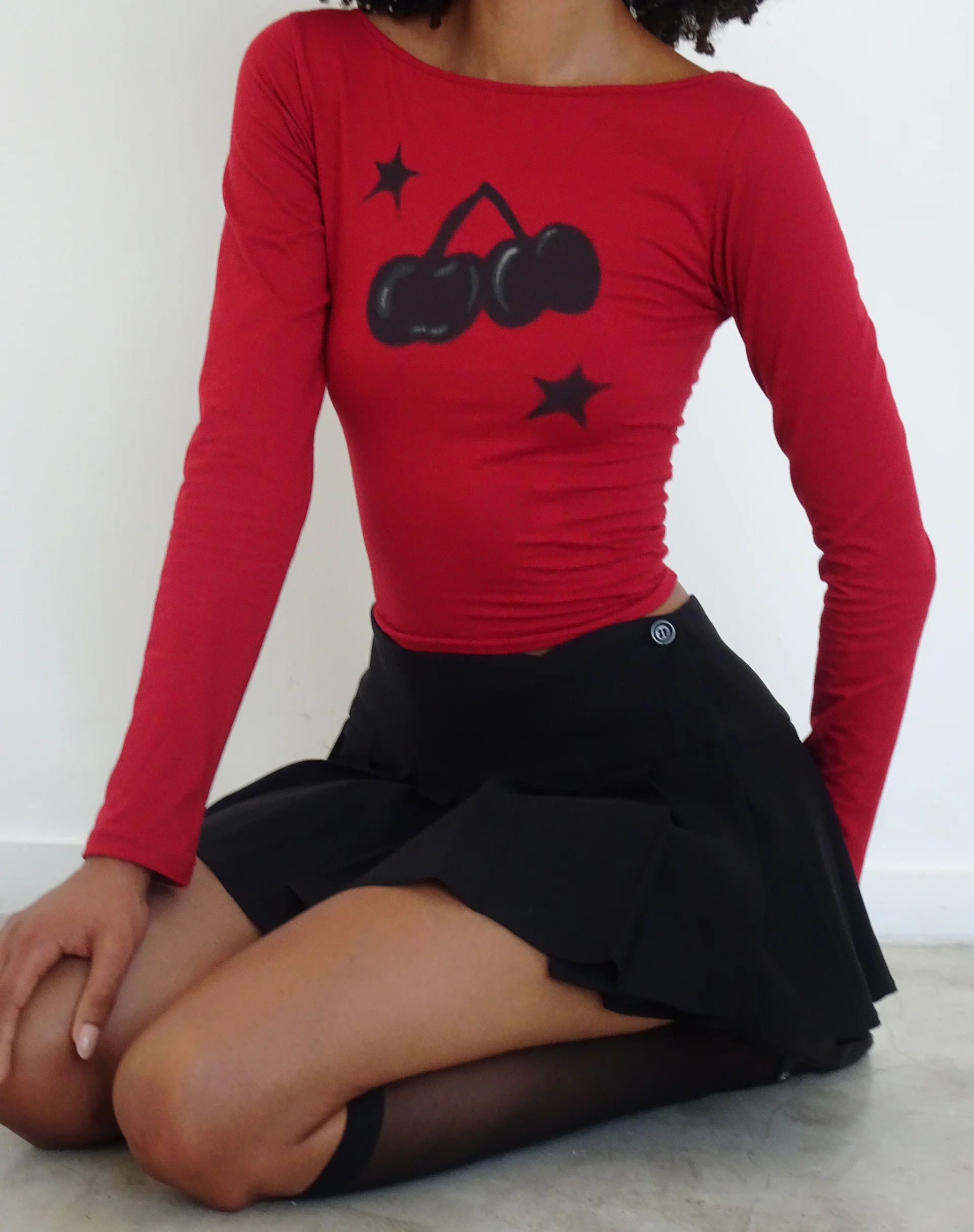 Amabon Long Sleeve Top in Adrenalin Red with Cherry Print - Awmao