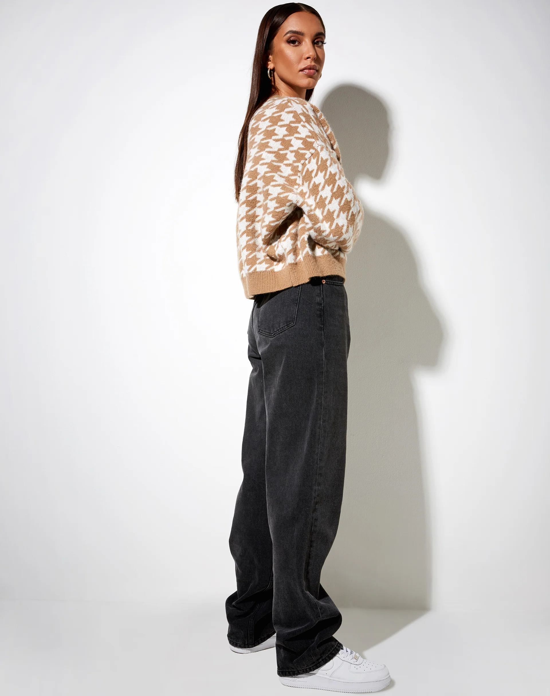 Margo Jumper in Knit Houndstooth Brown - Awmao