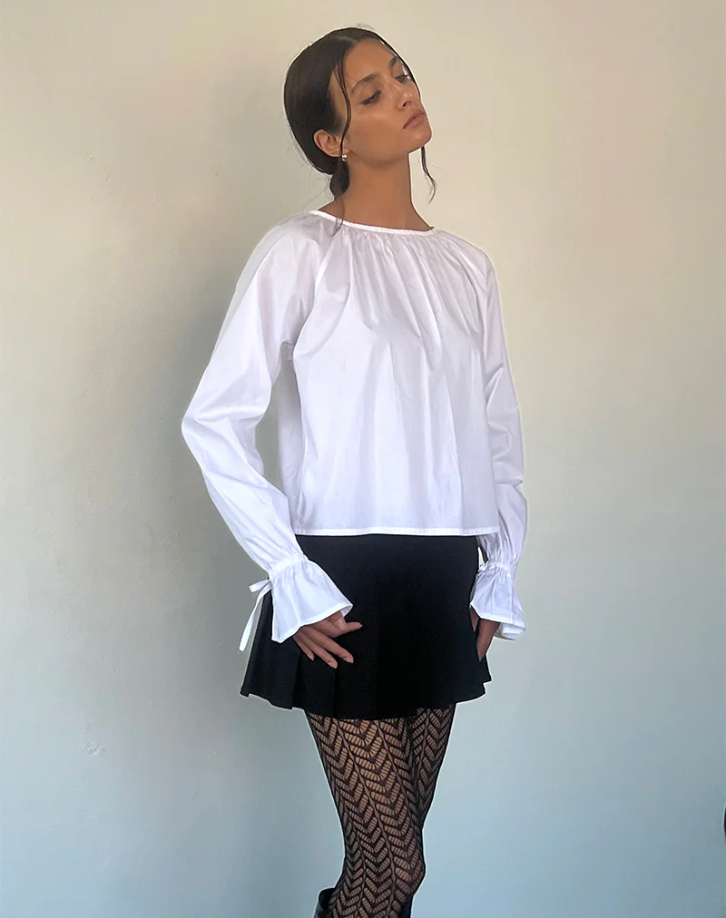 Bulila Tie Sleeve Blouse in White Poplin - Awmao