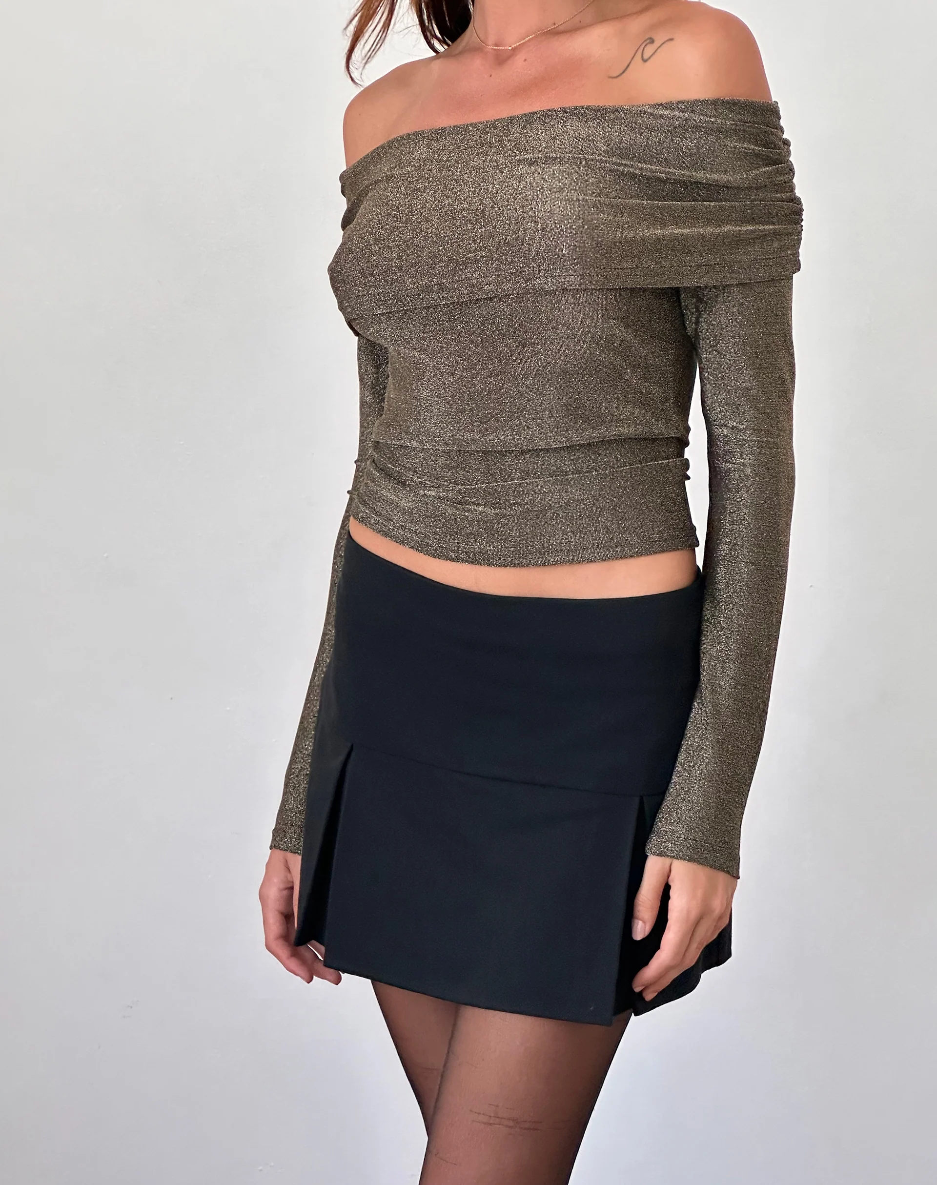 Andi Long Sleeve Bardot Top in Gold Lurex - Awmao