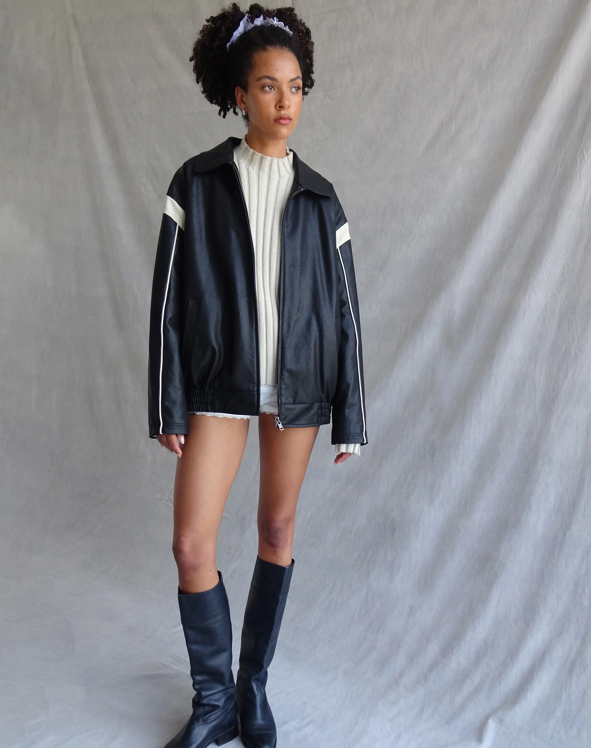 Corvina PU Jacket in Black with Ivory - Awmao