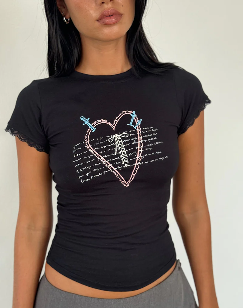 Izzy Lace Trim Tee in Black Lace Up Heart Motif - Awmao