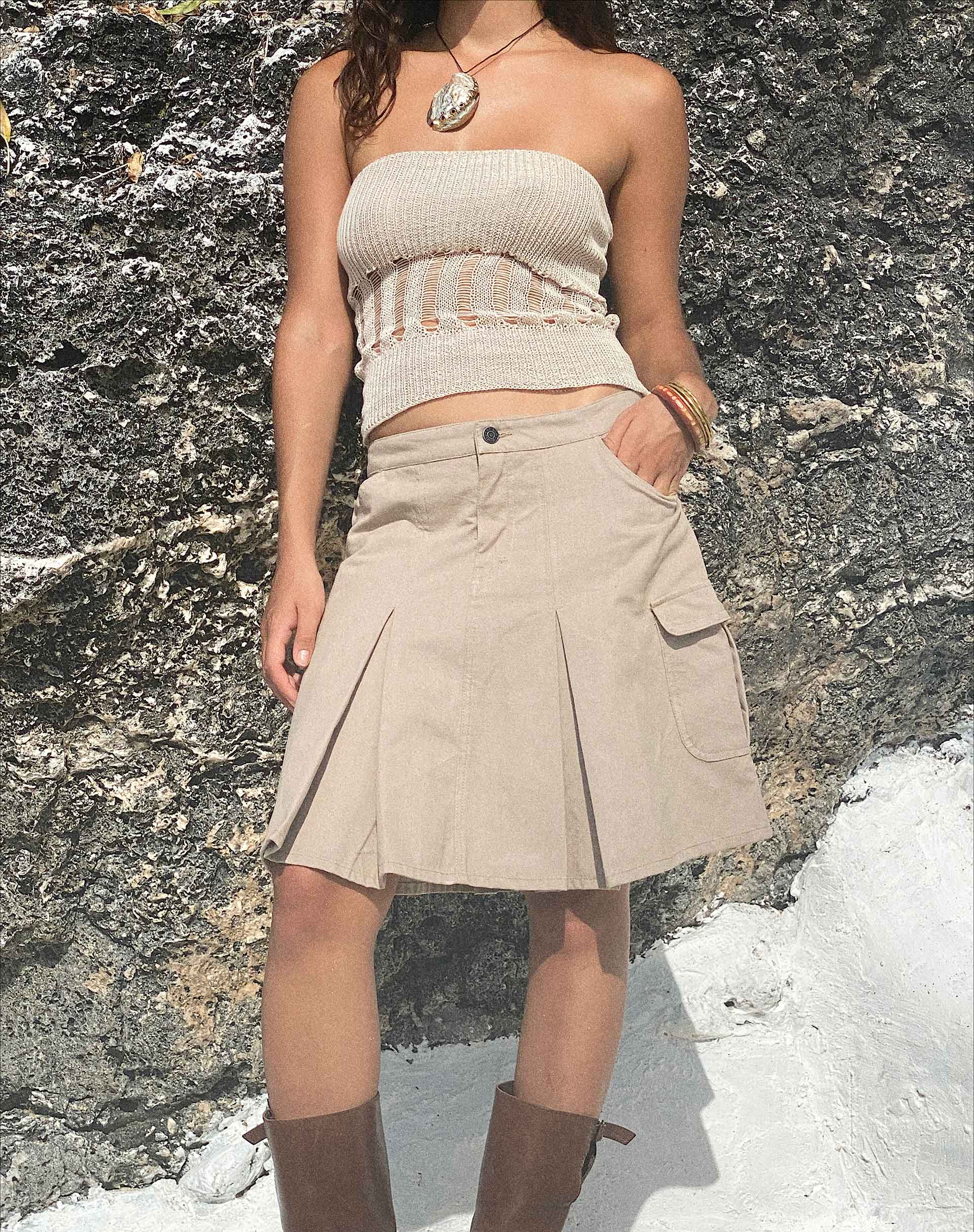 Moirai Low Waist Pleated Cargo Mini Skirt in Stone - Awmao