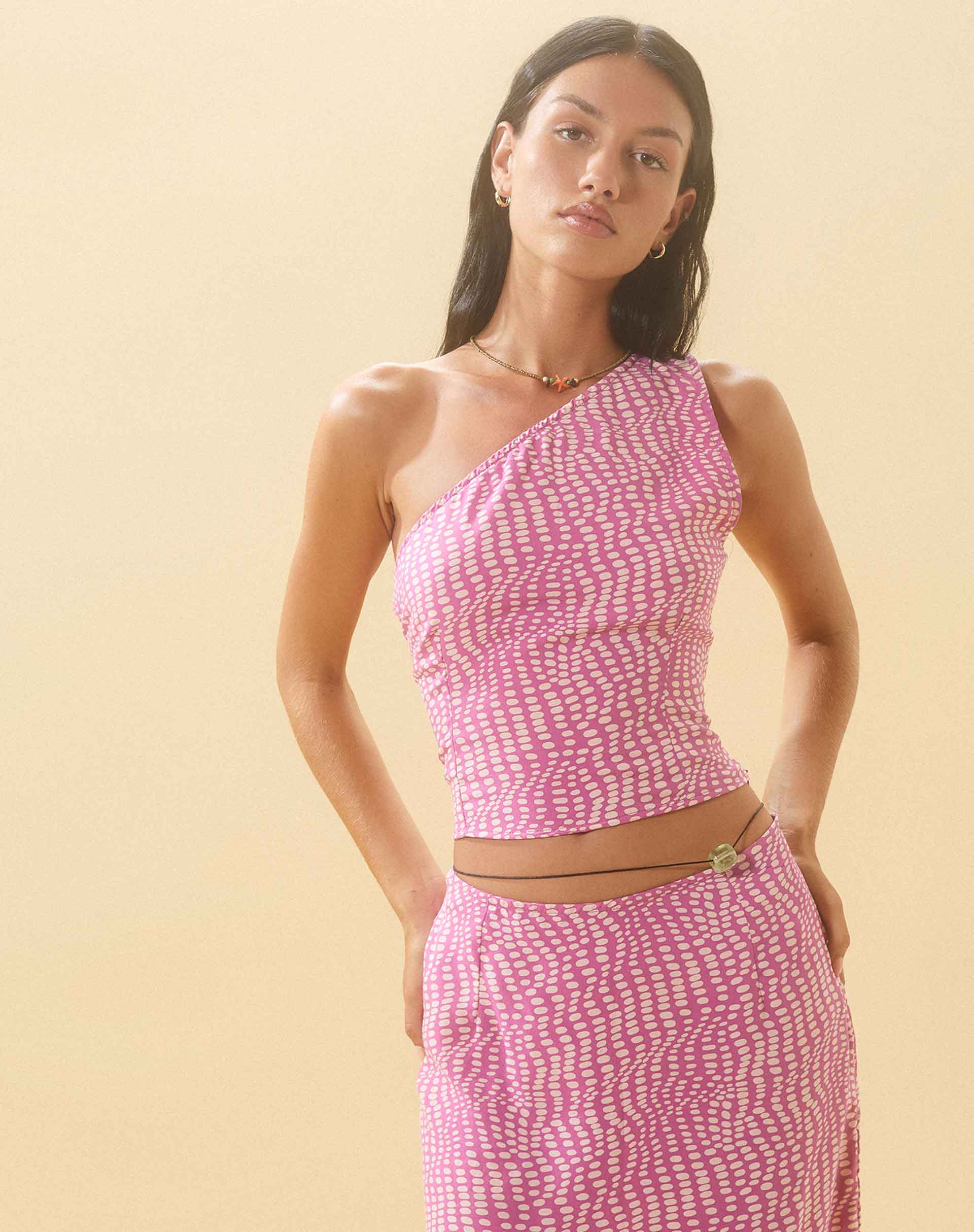 Bayan One Shoulder Top in Wavy Polka Purple - Awmao