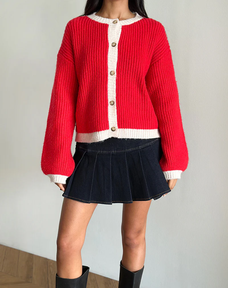 Luciana Contrast Cardigan in Red and Pink - Awmao