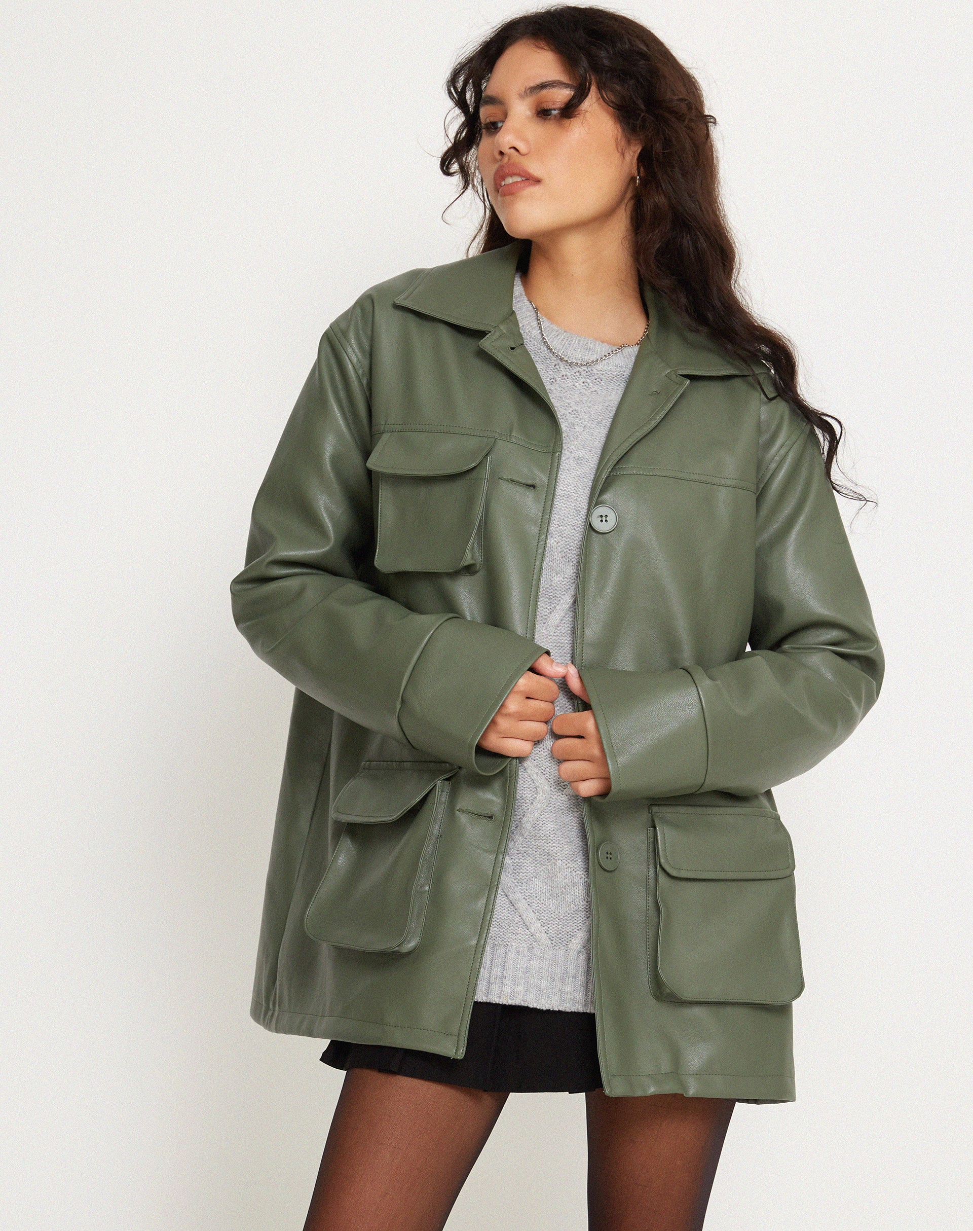 Tavira Jacket in PU Military Green - Awmao