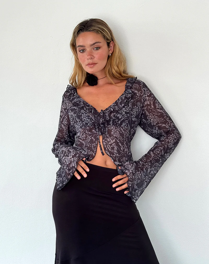 Lakota Cardigan in Black Baroque Print - Awmao