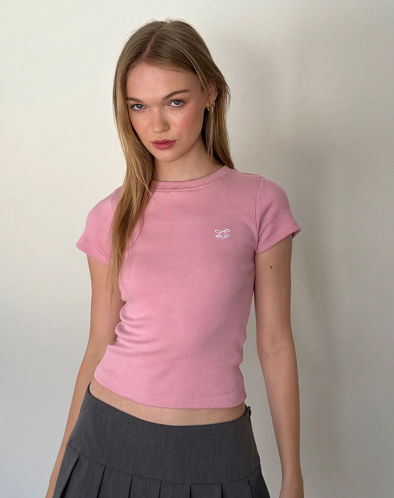 Suti Ribbed Tee in Flamingo Pink with White Bow Embroidery - Awmao