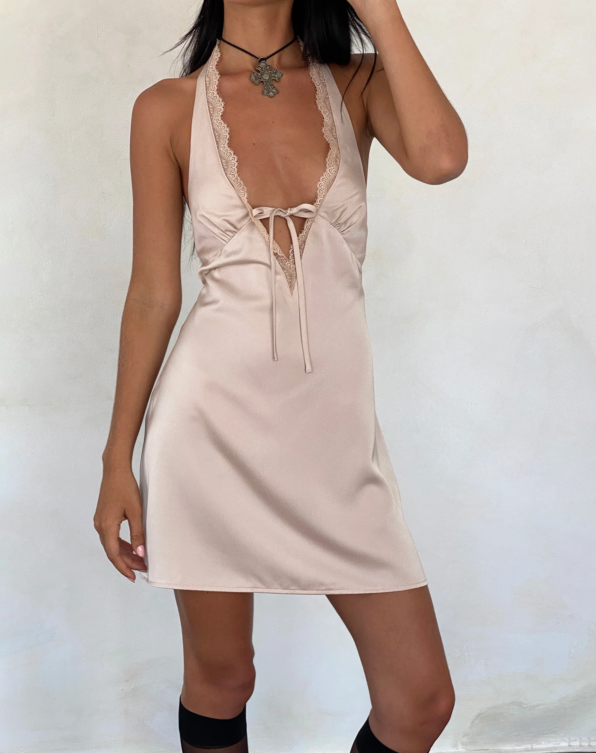 Maruko Halterneck Mini Dress in Satin Champagne - Awmao