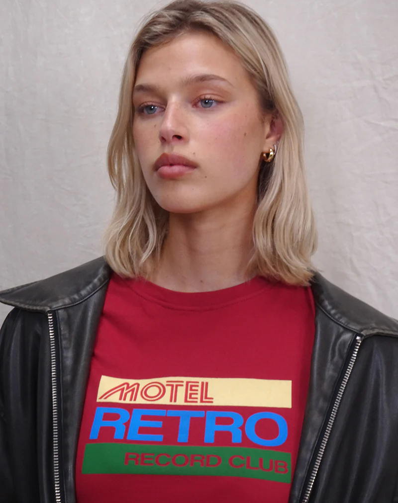 Saki Tee in Adrenaline Red with Motel Retro Club Motif - Awmao