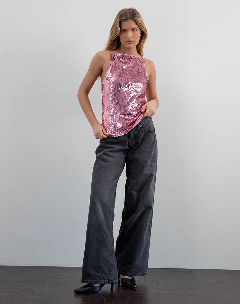 Damske Vest Top in Pink Sequin - Awmao