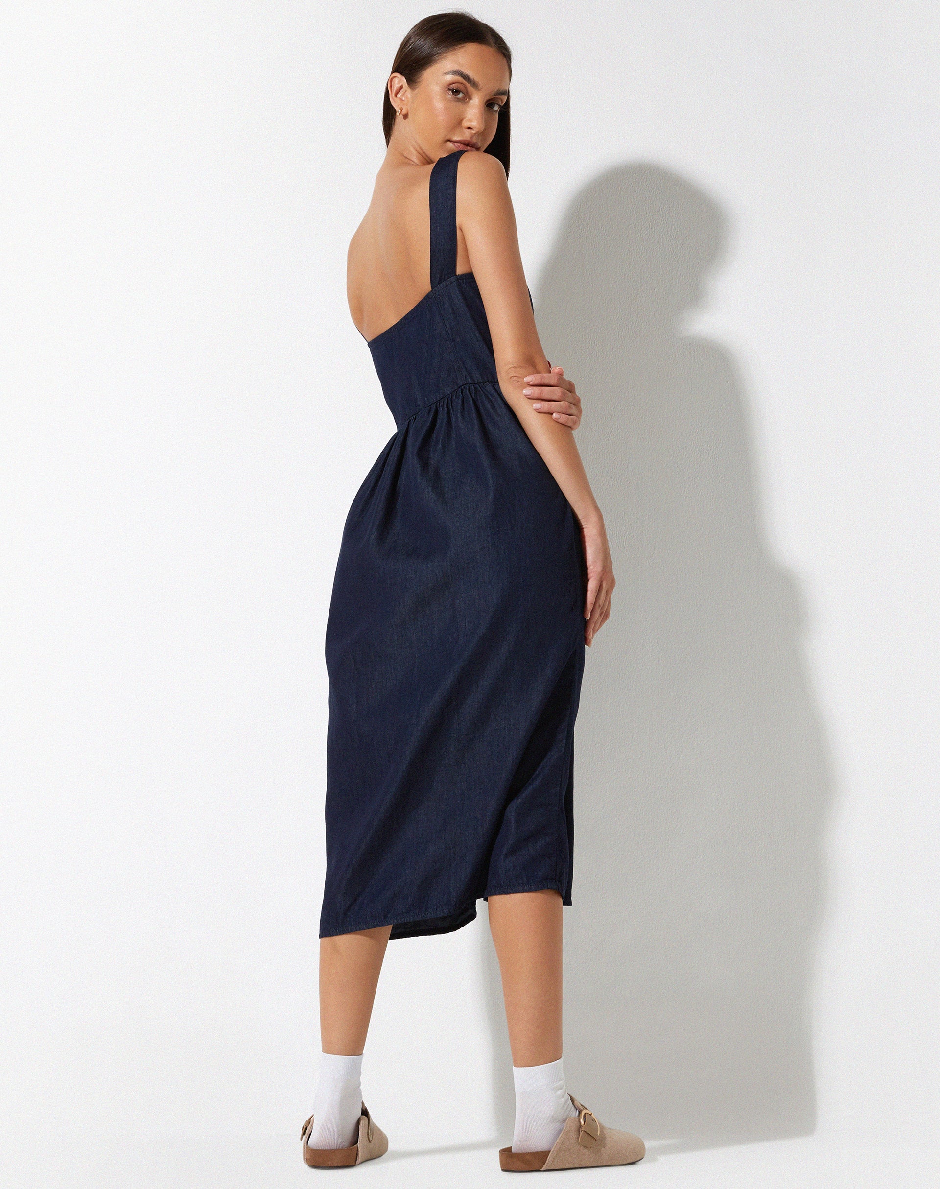 Doraya Midi Dress in Denim Blue Chambray - Awmao