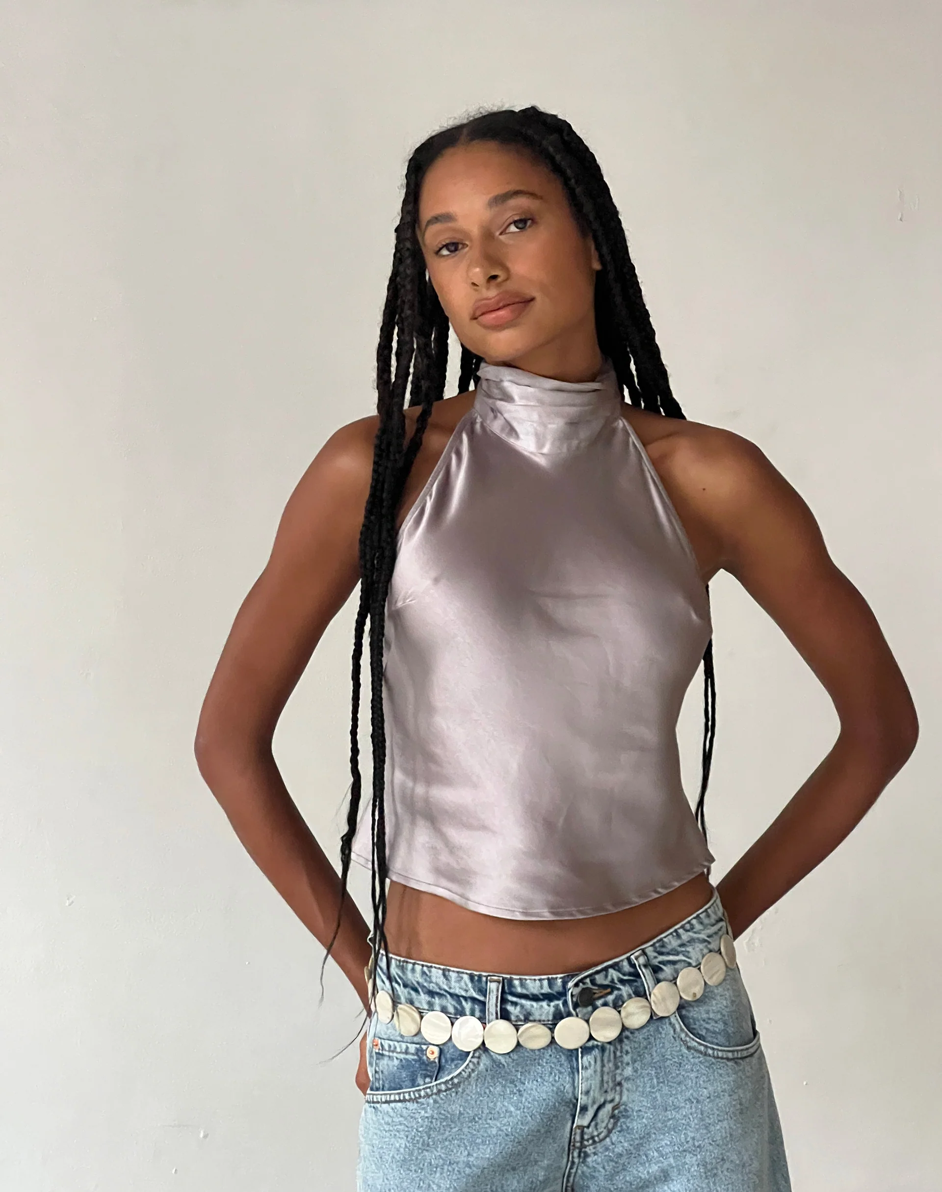 MOTEL X JACQUIE Ataina Halterneck Top in Satin Silver - Awmao