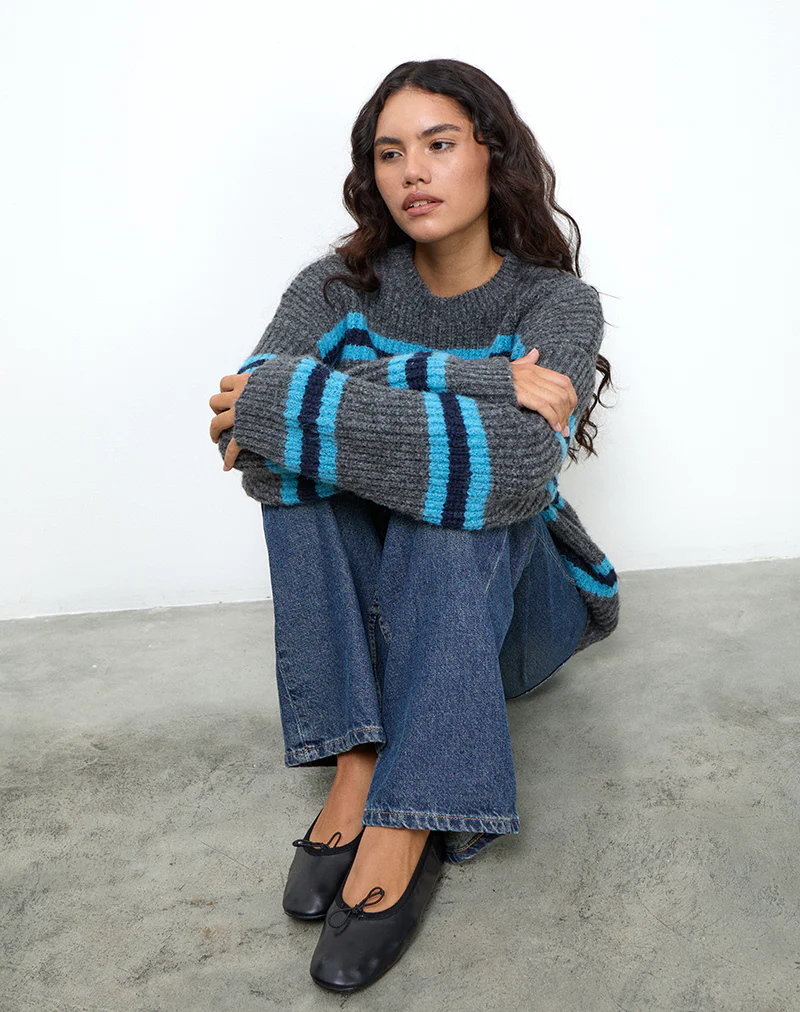 Lunet Knitted Jumper in Stripe Grey and Blue - Awmao