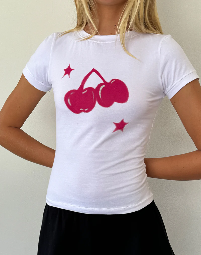 Sutin Baby Tee in White Cherry Print - Awmao