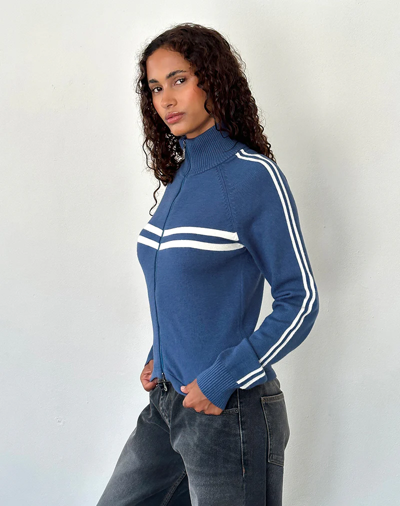 Talisa Sporty Zip Through Jacket In Navy with Ivory Stripes - Awmao