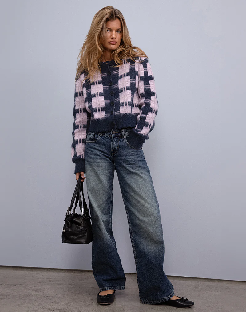 Anzio Button Up Cardigan In Multi Check Navy and Pink - Awmao