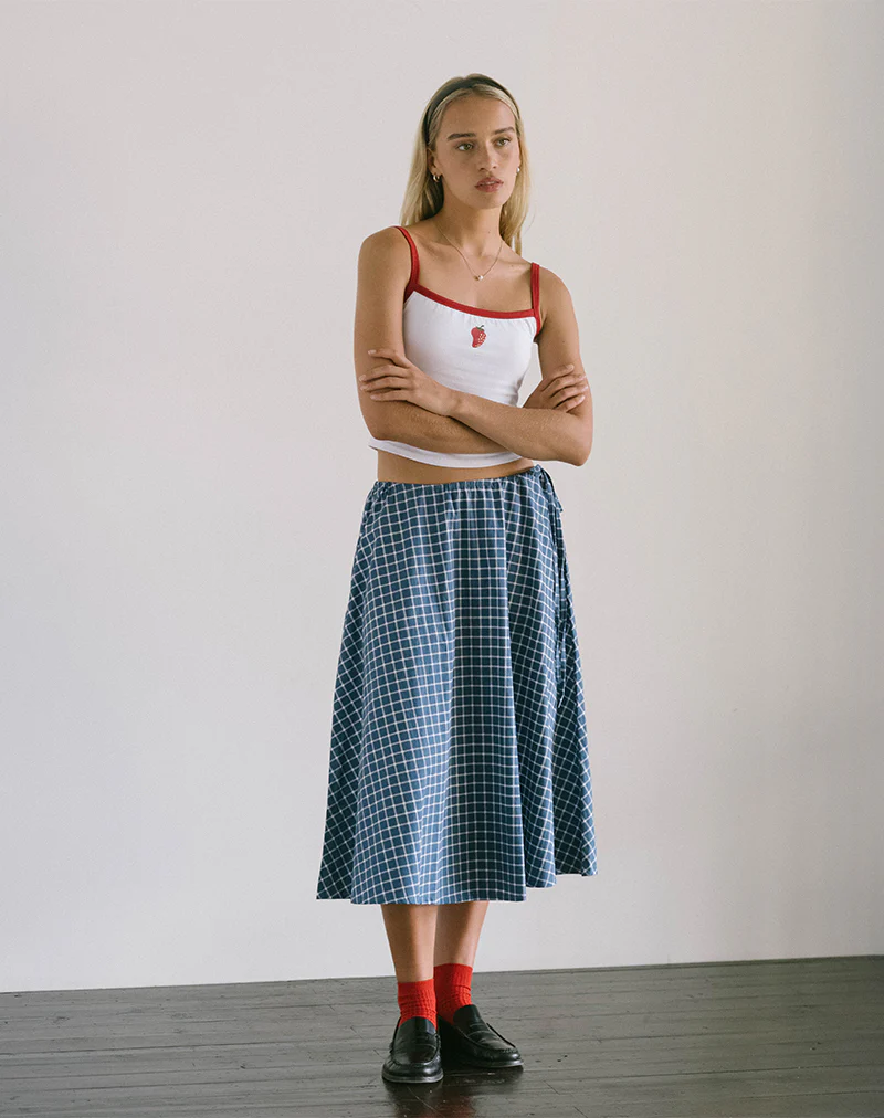 Takara Midi Skirt in Navy Tartan Poplin - Awmao